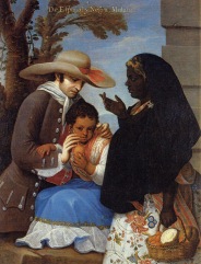The New World created new people: Eighteenth Century Casta Painting categorised many new "breeds". Miguel Cabrera; From Spaniard and Black, Mulatto Woman (De Español y Negra, Mulata) 1763, oil on canvas, private collection, Mexico