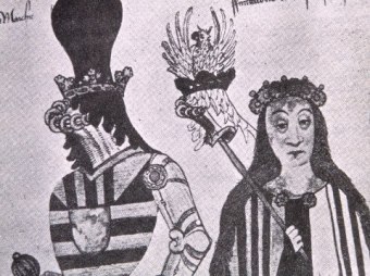 BLACK KNIGHT & HIS FAIR LADY – The illustration of this Norman couple featured within David MacRitchie’s Ancient and Modern Britons (1884) is from the Heraldic Collection of Sir Thomas Wriothesley, Garter King-of-Arms, 1504-1534.